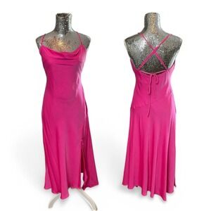 Y2K Hot Pink Satin Cowl Neck Maxi Dress Open Back Glam Prom Party Medium Slip
